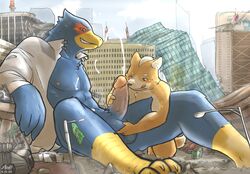 anthro avian ball_fondling balls canine city destruction falco_lombardi fox_mccloud fur furry jeck macro male mammal multiple_males nintendo oral oral_sex sex star_fox video_games yaoi