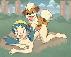 breasts color cum day doggy_style female feral fur growlithe hinoarashi human interspecies kris_(pokemon) male nude outdoors pokemon pokemon_(species) pokemon_gsc pokephilia sex size_difference straight tagme zoophilia