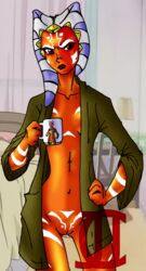 1girls ahsoka_tano angry blue_eyes breasts cahjemornay clothed clothing female_focus female_only jedi jedi_padawan navel nude revealing_clothes shirt simple_background small_breasts solo standing star_wars the_clone_wars:_season_four togruta watermark