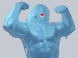 1boy abs arms_up b.o.b. bedroom_eyes biceps blue_body bodily_fluids cyclops dreamworks flexing goo goo_creature goo_dripping kogito male_only monster monsters_vs_aliens muscular one_eye pecs red_eye seductive_look simple_background slime smile smiling smiling_at_viewer solo solo_male translucent