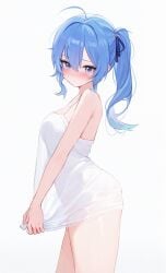 1girls bare_shoulders blue_eyes blue_hair blush breasts hair_between_eyes hololive hololive_gen_0 hololive_japan hoshimachi_suisei koahri medium_breasts medium_hair open_mouth side_ponytail solo thighs virtual_youtuber white_dress