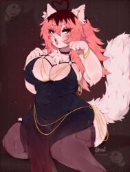 background big_breasts black_dress blush blush_lines boob_window bracelet breasts brown_hair chains collar cowlick dress ear_piercing eyebrows_visible_through_hair eyelashes_visible_through_hair female female_only fluffy_ears fluffy_tail gold_(metal) infienthusiast1 johanna_(infienthusiast1) lips long_hair modakawa_dress neck_tuft open_mouth paws piercing pink_fur pink_hair pink_lips pink_lipstick pose posing red_eyes red_head rose rose_(flower) sparkles tail thick_thighs thigh_highs thighhighs thighs tongue two_tone_hair voluptuous watermark