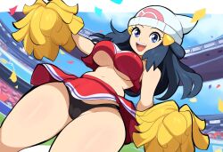 ai_generated cameltoe cheerleader cheerleader_uniform curvaceous dawn_(pokemon) female large_breasts mullon novelai panties pokemon pokemon_dppt pom_poms public stadium stadium_background thick_thighs