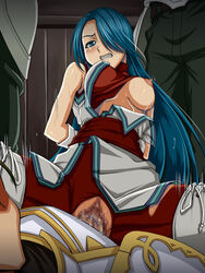 blue_eyes blue_hair blush bondage breast_slip breasts censored clenched_teeth clothed_sex clothing female femsub fire_emblem fire_emblem:_path_of_radiance fire_emblem:_radiant_dawn long_hair lucia_(fire_emblem) ludveck_(fire_emblem) male nipples one_breast_out penetration penis pussy rape sex spread_legs syunzou tears torn_clothes vaginal_penetration