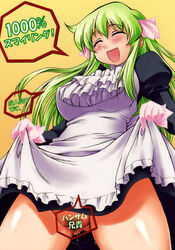 1girls asuhiro asuhiro_(handsome_aniki) censored closed_eyes clothing cover cover_page doujin doujinshi female gloves green_hair highres japanese_text maid media no_panties pani_poni_dash! pubic_hair pussy_juice smile solo translation_request