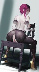 anus ass breasts censored detached_sleeves female fishnet_pantyhose fishnets from_behind frown genshin_impact high_heels highres mosaic_censoring nipples on_chair pantyhose pink_hair pussy rdy rosaria_(genshin_impact) short_hair sitting solo topless torn_clothes torn_pantyhose