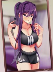 1female 1girls 5_fingers accurate_art_style bare_shoulders bra breasts bruuno bruunoscp cleavage collarbone doki_doki_literature_club female girl healed_cuts healed_scars holding_phone long_hair midriff mirror mirror_reflection mirror_selfie navel phone purple_eyes purple_hair selfie shorts sports_bra sports_shorts sportswear sweat sweating thighs yuri_(doki_doki_literature_club)