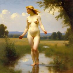 ai_generated belly blonde_hair blue_eyes breasts curly_hair curvy lips long_hair navel nipples nude nude_female presenting puddle realistic small_breasts smile solo water william_bouguereau