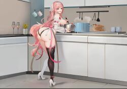 1female aeon_fantasy cups dat_ass giant_ass green_eyes high_heels housewife huge_ass indoors kitchen kitchen_utensils long_hair partially_clothed pink_hair ribbon solo_female thighhighs wine wine_glass