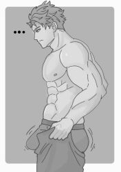 1boy artist_request bara bulge gay human male male_only monochrome muscular muscular_male no_visible_genitalia simple_background solo source_request tagme tight_pants_(meme)