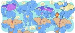 balls bara big_muscles bulge elemental_(pixar) ember_lumen flaccid hyper_penis male male_only muscles muscular muscular_male pantsless penis remert speech_bubble thirst_trap thong wade_ripple water