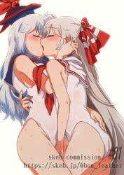 2girls alternate_costume ass blue_hair blue_headwear blush bon_(rump) bow closed_eyes commission cowboy_shot female_focus fingering french_kiss from_side fujiwara_no_mokou grey_hair groin hairbow highres holding_person kamishirasawa_keine keine_kamishirasawa kissing long_hair multicolored_hair multiple_girls one-piece_swimsuit simple_background skeb_commission sleeveless standing sweat swimsuit touhou two-tone_hair very_long_hair white_background white_hair white_one-piece_swimsuit yuri