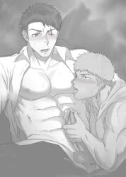 2boys balls bara blush_lines gay haiki_(tegusu) human licking male male_only monochrome muscular muscular_male original spread_legs sweat sweatdrop tagme yaoi