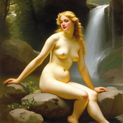 ai_generated belly blonde_hair blue_eyes breasts curly_hair curvy lips long_hair navel nipples nude nude_female presenting pubic_hair realistic sitting sitting_on_rock small_breasts smile solo water waterfall william_bouguereau