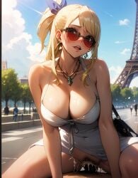 1boy 1girls ai_generated blush breasts cleavage cowgirl_position cum cum_in_pussy dress eiffel_tower exhibitionism fairy_tail large_breasts lucy_heartfilia no_panties outdoors paris partial_male payop penis pov pubic_hair public public_sex pussy sex sunglasses sweat tan_body vacation vaginal_penetration vaginal_sex