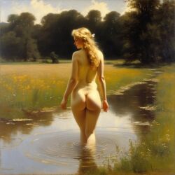 ai_generated ass back back_view big_ass blonde_hair curly_hair curvy lips long_hair nude presenting puddle realistic small_breasts smile solo water william_bouguereau