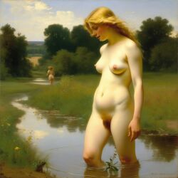 ai_generated belly blonde_hair blue_eyes breasts bushy_pubes curly_hair curvy lips long_hair navel nipples nude nude_female presenting pubic_hair puddle realistic small_breasts smile solo water william_bouguereau