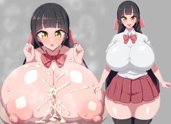 1boy 1girls big_areola big_breasts blush breasts cum_on_body cum_on_breasts engulfing_paizuri female hi_res huge_breasts nude original original_character paizuri puffy_nipples school_uniform standing straight tagme thick_thighs thighhighs yellow_eyes yumambo