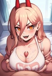ai_generated bedroom chainsaw_man clothed_female_nude_male clothed_paizuri cum cum_on_breasts cum_on_face eye_contact horns novelai open_mouth paizuri poshdog pov power_(chainsaw_man) titfuck titfuck_under_clothes titjob titjob_under_clothes unbuttoned_shirt