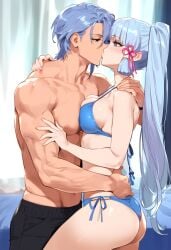 1boy 1girls ai_generated bikini breasts brother_and_sister genshin_impact incest kamisato_ayaka kamisato_ayato kissing ponytail