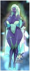 1girls big_breasts big_thighs blue_eyes female female_only green_hair looking_at_viewer pokemon pokemon_(species) pokemon_sv pokemon_sv_indigo_disk purple_skin terapagos thick_thighs zacianswords