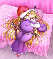 bbw belly_overhang big_belly big_female blonde_hair blush chubby chubby_female embarrassed fat fat_female fat_fetish fat_girl fat_woman fatty hand_on_belly large_female obese obese_female orristerioso overeating overweight overweight_female plump pork_chop thick_thighs touhou tubby very_long_hair weight_gain yukari_yakumo