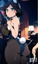 1girls ai_generated ass_slap big_ass big_breasts black_hair black_leggings blue_eyes bunny_ears bunny_girl bunny_tail bunnysuit golden_bra looking_back lucca_(pokemon) pixai pokemon pokemon_(anime) pokemon_horizons slapping_butt solo solo_female thick_thighs