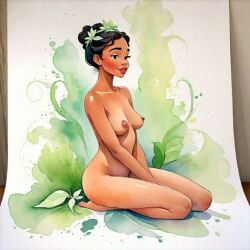 1girls ai_generated black_hair breasts completely_naked completely_naked_female completely_nude completely_nude_female dark-skinned_female dark_skin disney disney_princess female_only full_body hands_between_legs naked naked_female nipples nude nude_female nudity painted_background princess_tiana red_lipstick sitting solo solo_female solo_focus the_princess_and_the_frog tiana uncensored