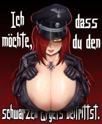 1girls alternate_version_available areolae big_breasts breast_focus breasts cleavage female female_only german_text hair hair_over_one_eye hands_on_breasts huge_breasts large_breasts lips massive_breasts military military_hat military_uniform nazi necklace neckwear parasoul propaganda red_hair skullgirls smile solo solo_female text tillshitposting yellow_eyes