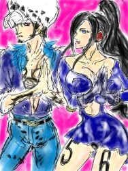 1boy 1girls black_hair black_panties blue_dress breasts cleavage cosplay couple dancing denim dress female female_focus fur_trim gloves gmotida hat jeans large_breasts long_hair male nico_robin one_piece panties pants post-timeskip short_hair smile straight tattoo trafalgar_law underwear vinsmoke_reiju_(cosplay)