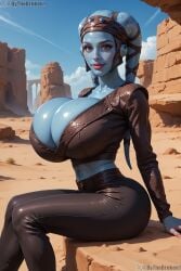 aayla_secura alien alien_girl blue_skin breasts_bigger_than_head bythebrokenone female female_only seated star_wars twi'lek