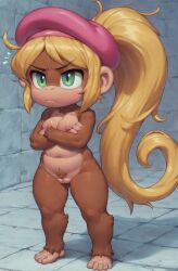 1girls ai_generated annoyed_expression anthro arms_crossed barefoot beret blonde_hair breasts brown_body brown_fur captured_heroine chimpanzee crossed_arms dixie_kong donkey_kong_(series) female female_only female_pubic_hair frown full_body fur furry game_over green_eyes long_hair looking_at_viewer monkey monkey_girl naked naked_female navel nintendo nipples nude nude_female ponytail primate prisoner pubic_hair pussy shortstack solo solo_focus straight thighs