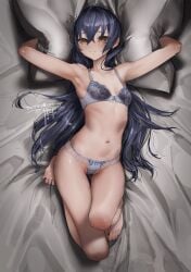 1girls absurd_res absurdres arm_behind_head armpits bare_arms bare_chest bare_legs bare_midriff bare_shoulders bare_skin bare_thighs barefoot bed bed_sheet bed_sheets belly belly_button blue_bra blue_hair blue_hair_female blue_panties blue_underwear blush bra breasts collarbone elbows embarrassed embarrassed_female eyebrows_visible_through_hair feet female female_focus female_only full_body ghode_(basashi) groin hair_between_eyes hand_behind_head high_resolution highres knees laying_down laying_on_back laying_on_bed legs light-skinned_female light_skin long_hair looking_at_viewer naked naked_female navel nude nude_female panties petite petite_body petite_breasts petite_female petite_girl pillow pussy shiny_skin shoulders simple_background slender_body slender_waist slim_girl slim_waist small_breasts solo thighs thin_waist toes underwear v-line very_long_hair white_background wide_hips yellow_eyes yellow_eyes_female