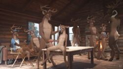 3d adam_wan after_sex anthro cabin cartoony cum_over_body deer dripping_cum femboy fully_clothed furry gay hand_behind_neck highres humanoid_penis indoors looking_down lotion on_table partially_clothed size_difference speaking windows zaush