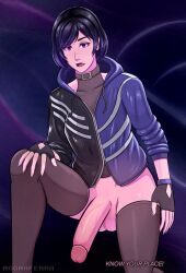 1futa asian_female balls bandai_namco better_version_at_source big_penis black_and_purple_hair black_hair bottomless breasts clothed clothed_futanari clothes clothing collar copyright_name detailed_background english_text erection exposed_penis fingerless_gloves flaccid flaccid_penis futa_only futanari human jacket light-skinned_futanari light_skin magna_ferra namco newgrounds_sample open_mouth partially_clothed penis purple_eyes reina_mishima short_hair solo tekken tekken_8 thighhighs