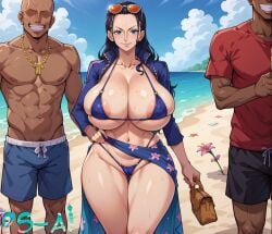 ai_generated beach bikini bimbo clothed dark-skinned_male female female_focus huge_ass huge_breasts male nico_robin one_piece ps-ai sfw stable_diffusion sunglasses_on_head