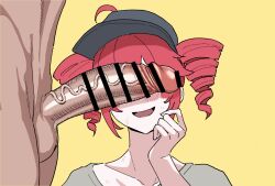 1boy 1girls baseball_cap big_penis black_hat blush cant_see_the_haters censored covered_eyes grey_shirt hand_on_own_cheek hat huge_cock imminent_sex kasane_teto open_mouth override_(synthesizer_v) penis penis_covering_eyes penis_over_eyes red_hair shirt simple_background smug solo_focus straight synthesizer_v testicles twin_drills veiny_penis yellow_background yuuki_fumi_(organic_flavor)