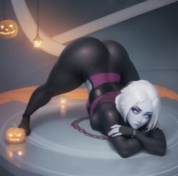 ai_generated awoken big_ass blue_body blue_eyes blue_skin destiny_(game) destiny_2 female jack-o_pose lantern mara_sov pumpkin small_breasts solo solo_female white_hair