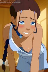 ai_generated ashamed avatar avatar_the_last_airbender blue_eyes blush braid dark-skinned_female dark_skin down_blouse handjob hanging_breasts katara long_hair loose_clothes nipples pink_nipples ponytail small_breasts