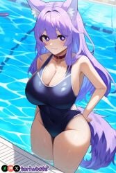 1girls :3 ai_generated big_breasts blush breasts collar curvy cute dog_ears dog_girl doggirl female female_focus female_only hand_on_hip highres hips huge_boobs huge_breasts in_water kemonomimi light_skin light_skinned_female long_hair looking_at_viewer one-piece_swimsuit patreon_username petgirl pool purple_ears purple_eyes purple_hair purple_tail standing_in_water swimsuit thick_thighs thighs tight_clothing tori toriwoofs water watermark wavy_hair white_skin white_skinned_female wide_hips wolf_ears