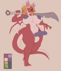 anthro big_breasts blonde_hair dragon dragon_girl erection futa_only futanari green_eyes gynomorph horns muscular_futanari naked ryla tagme tail weapon weapon_over_shoulder wings wyntersun