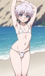 1boy ai_generated anime beach beach_background bikini blush embarrassed embarrassed_nude_femboy embarrassed_nude_male femboy feminine_male feminization flaccid hands_in_air hunter_x_hunter killua_zoldyck male male_only medium_hair micro_bikini penis pretty_boy shy skintight skintight_clothing small_penis solo surprised testicles tiny_penis trap visible_penis white_bikini white_hair zoner_check