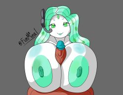 blue_glans breasts breasts_bigger_than_head busty funmina generation_5_pokemon green_areola green_eyes green_hair harmony_(funmina) huge_breasts huge_cock legendary_pokémon meloetta oc original_character paizuri penis pokémon_(species) pokemon smile tan_skin titjob veiny_penis white_body white_skin