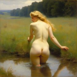 ai_generated ass back back_view big_ass blonde_hair curly_hair curvy lips long_hair nude presenting puddle realistic small_breasts smile solo water william_bouguereau