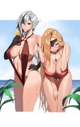 2girls arlecchino_(genshin_impact) beach big_breasts bikini black_hair blonde_hair blue_eyes blush breasts cleavage collect2233 female_only genshin_impact huge_breasts large_breasts multicolored_hair multiple_girls red_eyes signora_(genshin_impact) sling_bikini thick_thighs thighs white_hair x-shaped_pupils