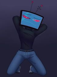 belt clothed franticfoe_(artist) fully_clothed hazbin_hotel jeans male male_focus male_only socks suggestive turtleneck turtleneck_sweater tv_head vox_(hazbin_hotel)