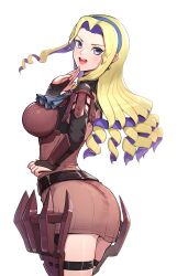 1girls absurdres armor ass belt big_ass blonde_hair blue_eyes blue_headband breasts constance_von_nuvelle cowboy_shot curly_hair detached_sleeves dress drill_hair earrings female female female_only fire_emblem fire_emblem:_three_houses gonzarez hand_to_own_mouth headband highres jewelry large_breasts long_hair looking_back nintendo ojou-sama_pose open_mouth ringlets short_dress solo standing thigh_strap white_background wide_hips