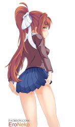 1girls ass blue_skirt blush bow brown_hair dat_ass doki_doki_literature_club eroneko female green_eyes hair_ribbon hairbow long_hair looking_at_viewer looking_back looking_back_at_viewer monika_(doki_doki_literature_club) panties pink_panties ponytail ribbon school school_uniform schoolgirl schoolgirl_uniform skirt solo solo_female tagme thick_thighs thighs white_bow white_ribbon