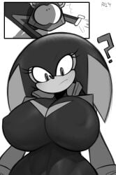 1boy 1boy1girl 1girls big_breasts blush breasts breasts_out looking_up mobian_(species) monochrome original_character question_mark shadow snesti sonic_(series) sonic_the_hedgehog_(series) tagme