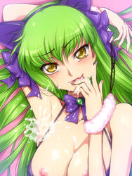 1girls armpits breasts c.c. code_geass cum cum_on_armpit cum_on_body cum_on_upper_body female green_hair hairu long_hair naughty_face nipples solo yellow_eyes